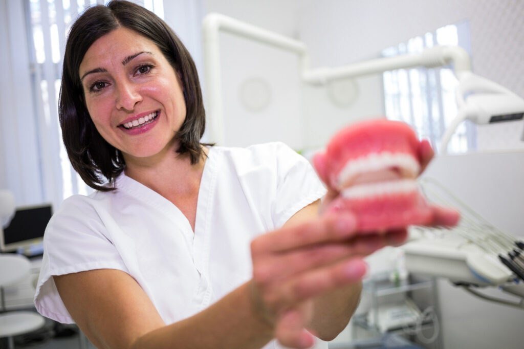 Dentista em um consultório odontológico segurando um molde de uma arcada dentária para falar sobre a má oclusão.