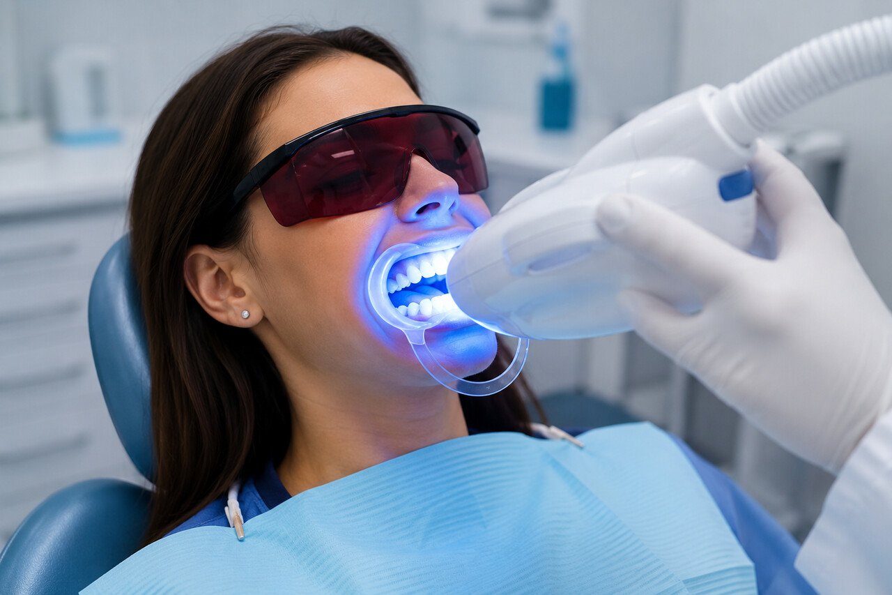 mulher fazendo clareamento dental no consultório odontológico.